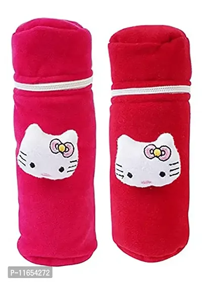 Mw Prints Soft Plush Stretchable Baby Feeding Bottle Cover Easy to Hold Strap with Cute Animated Cartoon Suitable for 130-250 Ml Feeding Bottle(Dark Pink-Dark Red)-thumb0