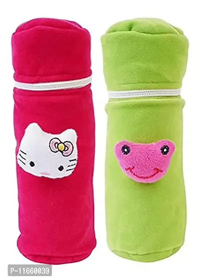 MW PRINTS Soft Plush Stretchable Baby Feeding Bottle Cover Easy to Hold Strap and Zip Suitable for 130 ML-250 ML Feeding Bottle Pack of 2 (Pink & Green)-thumb0