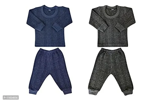 MW PRINTS Baby Thermal Top and Pyjama Set - Round Neck, Full Sleeves, Winter Wear Suit for Infants, Girls, Boys (6-12 Months, Grey+Blue -Pack of 2)