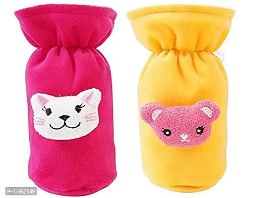 Mw Prints Soft Plush Stretchable Baby Feeding Bottle Cover Easy to Hold Strap with Cute Animated CartoonSuitable for 60-125 Ml Feeding Bottle(Dark Pink-Yellow)-thumb0