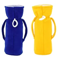 MW PRINTS Soft Plush Stretchable Baby Feeding Bottle Cover Easy to Hold Strap with Animated Cartoon Suitable for 125 ML-250 ML Feeding Bottle (Blue & Yellow)-thumb1