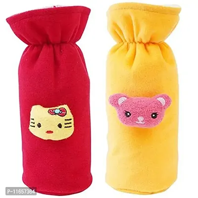 MW PRINTS Soft Plush Stretchable Baby Feeding Bottle Cover Easy to Hold Strap with Cute Animated Cartoon Suitable for 130-250 Ml Feeding Bottle Pack of 2 (Yellow & Dark Red)