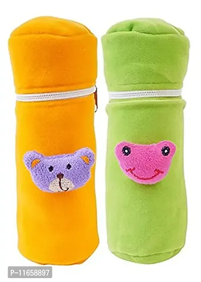 MW PRINTS Soft Plush Stretchable Baby Feeding Bottle Cover Easy to Hold Strap and Zip Suitable for 130 ML-250 ML Feeding Bottle Pack of 2 (Orange & Green)