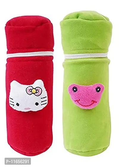 MW PRINTS Soft Plush Stretchable Baby Feeding Bottle Cover Easy to Hold Strap and Zip Suitable for 130 ML-250 ML Feeding Bottle Pack of 2 (Green & Dark Red)