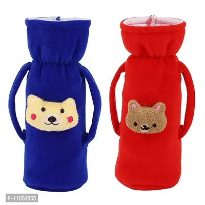 MW PRINTS Soft Plush Stretchable Baby Feeding Bottle Cover Easy to Hold Strap with Animated Cartoon Suitable for 125 ML-250 ML Feeding Bottle (Blue & Red)