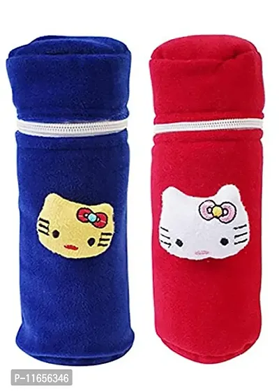 MW PRINTS Soft Plush Stretchable Baby Feeding Bottle Cover Easy to Hold Strap and Zip Suitable for 130 ML-250 ML Feeding Bottle Pack of 2 (Dark Red & Dark Blue)