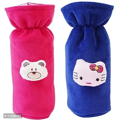 MW PRINTS Soft Plush Stretchable Baby Feeding Bottle Cover Easy to Hold Strap with Cute Animated Cartoon Suitable for 130-250 Ml Feeding Bottle Pack of 2 (Dark Pink & Dark Blue)