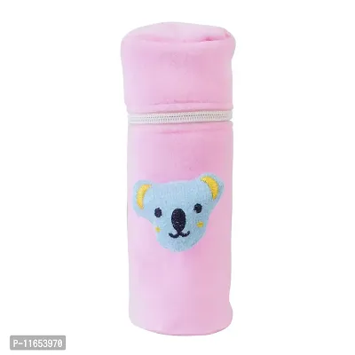 Mw Prints Soft Plush Stretchable Baby Feeding Bottle Cover Easy to Hold Strap with Cute Animated Cartoon Suitable for 130-250 Ml Feeding Bottle(Light Pink-Dark Red)-thumb3