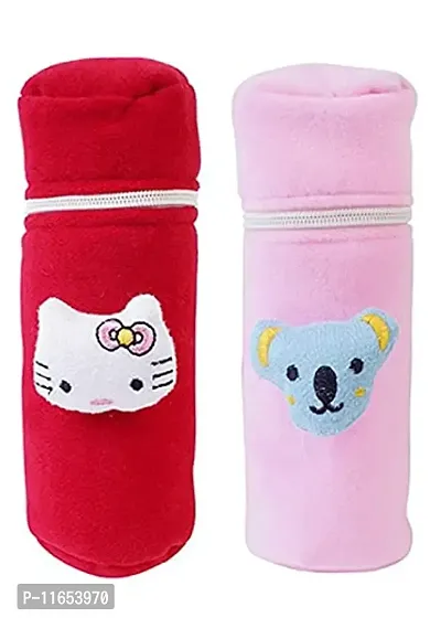 Mw Prints Soft Plush Stretchable Baby Feeding Bottle Cover Easy to Hold Strap with Cute Animated Cartoon Suitable for 130-250 Ml Feeding Bottle(Light Pink-Dark Red)