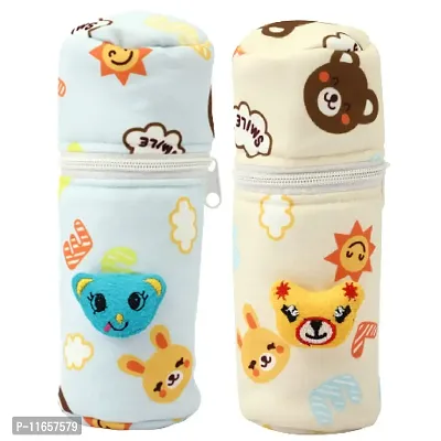 MW PRINTS Soft Plush Stretchable Prnited Baby Feeding Bottle Cover with Cute Animated Cartoon Suitable for 130-250 Ml Feeding Bottle Pack of 2 (Light Blue & Light Yellow)