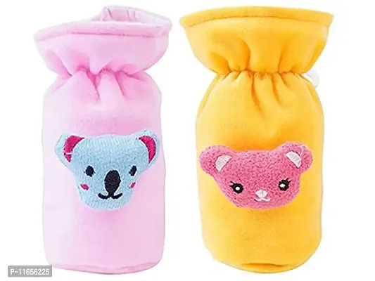 MW PRINTS Soft Plush Stretchable Baby Feeding Bottle Cover Easy to Hold Strap with Cute Animated Cartoon Suitable for 60-125 Ml Feeding Bottle Pack of 2 (Light Pink & Yellow)-thumb0