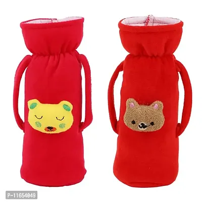 MW PRINTS Soft Plush Stretchable Baby Feeding Bottle Cover Easy to Hold Strap with Animated Cartoon Suitable for 125 ML-250 ML Feeding Bottle (Rani & Red)