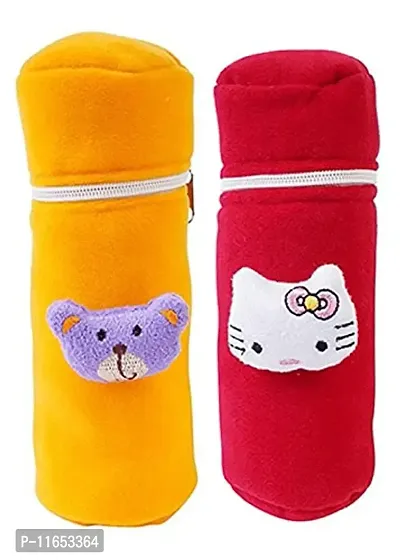 Mw Prints Soft Plush Stretchable Baby Feeding Bottle Cover Easy to Hold Strap with Cute Animated Cartoon Suitable for 60-125 Ml Feeding Bottle(Orange-Dark Red)-thumb0