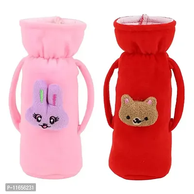 MW PRINTS Soft Plush Stretchable Baby Feeding Bottle Cover Easy to Hold Strap with Animated Cartoon Suitable for 125 ML-250 ML Feeding Bottle (Pink & Red)