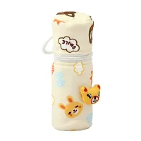 MW PRINTS Soft Plush Stretchable Baby Feeding Bottle Cover with Easy to Hold Strap | Cute Animated Overall Print Suitable for 125ml-250ml (Pink & Yellow)-thumb1