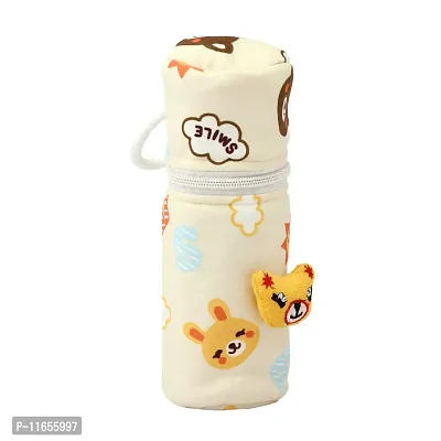 MW PRINTS Soft Plush Stretchable Baby Feeding Bottle Cover with Easy to Hold Strap | Cute Animated Overall Print Suitable for 125ml-250ml (Pink & Yellow)-thumb2