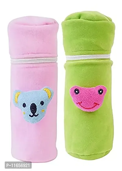 MW PRINTS Soft Plush Stretchable Baby Feeding Bottle Cover Easy to Hold Strap and Zip Suitable for 130 ML-250 ML Feeding Bottle Pack of 2 (Green & Light Pink)