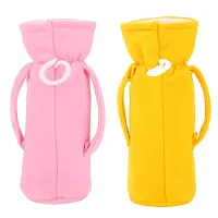 MW PRINTS Soft Plush Stretchable Baby Feeding Bottle Cover Easy to Hold Strap with Animated Cartoon Suitable for 125 ML-250 ML Feeding Bottle (Pink & Yellow)-thumb1