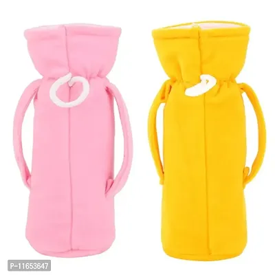 MW PRINTS Soft Plush Stretchable Baby Feeding Bottle Cover Easy to Hold Strap with Animated Cartoon Suitable for 125 ML-250 ML Feeding Bottle (Pink & Yellow)-thumb2