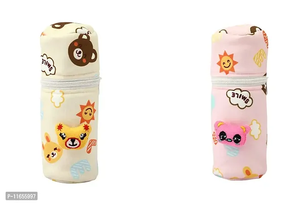 MW PRINTS Soft Plush Stretchable Baby Feeding Bottle Cover with Easy to Hold Strap | Cute Animated Overall Print Suitable for 125ml-250ml (Pink & Yellow)