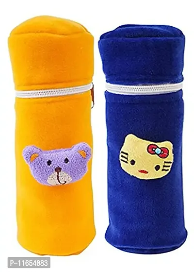 Mw Prints Soft Plush Stretchable Baby Feeding Bottle Cover Easy to Hold Strap with Cute Animated Cartoon Suitable for 130-250 Ml Feeding Bottle(Dark Pink-Yellow)