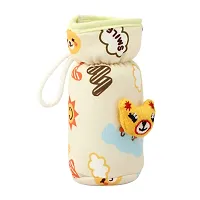 MW PRINTS Soft Plush Stretchable Baby Feeding Bottle Cover with Easy to Hold Strap | Cute Animated Overall Print Suitable for 125ml-250ml (Blue & Yellow)-thumb1