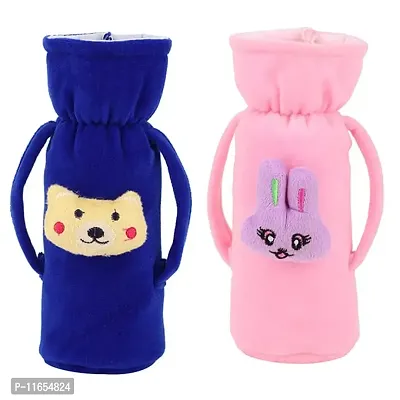 MW PRINTS Soft Plush Stretchable Baby Feeding Bottle Cover Easy to Hold Strap with Animated Cartoon Suitable for 125 ML-250 ML Feeding Bottle (Blue & Pink)
