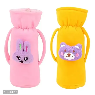MW PRINTS Soft Plush Stretchable Baby Feeding Bottle Cover Easy to Hold Strap with Animated Cartoon Suitable for 125 ML-250 ML Feeding Bottle (Pink & Yellow)-thumb0