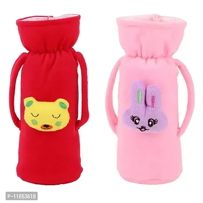 MW PRINTS Soft Plush Stretchable Baby Feeding Bottle Cover Easy to Hold Strap with Animated Cartoon Suitable for 125 ML-250 ML Feeding Bottle (Rani & Pink)-thumb0