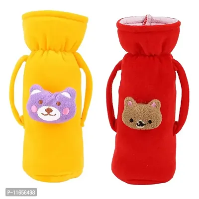 MW PRINTS Soft Plush Stretchable Baby Feeding Bottle Cover Easy to Hold Strap with Animated Cartoon Suitable for 125 ML-250 ML Feeding Bottle (Red & Yellow)