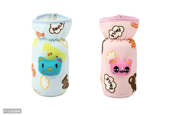 MW PRINTS Soft Plush Stretchable Baby Feeding Bottle Cover with Easy to Hold Strap | Cute Animated Overall Print Suitable for 125ml-250ml (Pink & Blue)