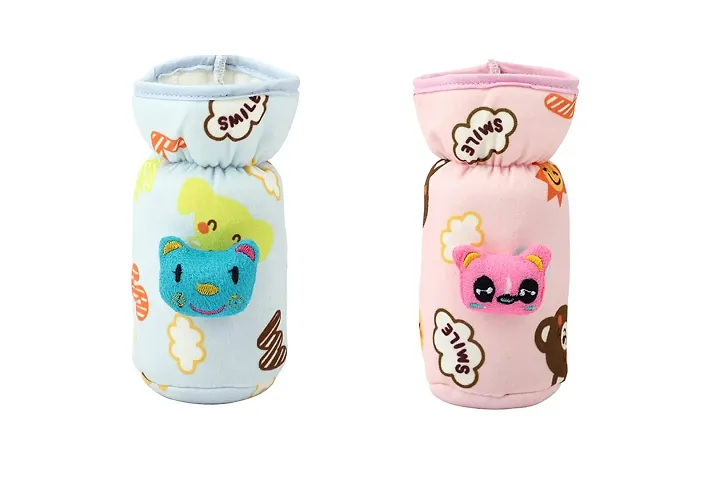 MW PRINTS Soft Plush Stretchable Baby Feeding Bottle Cover with Easy to Hold Strap | Cute Animated Overall Print Suitable for 60ml-125ml