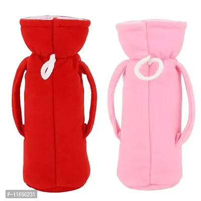 MW PRINTS Soft Plush Stretchable Baby Feeding Bottle Cover Easy to Hold Strap with Animated Cartoon Suitable for 125 ML-250 ML Feeding Bottle (Pink & Red)-thumb2