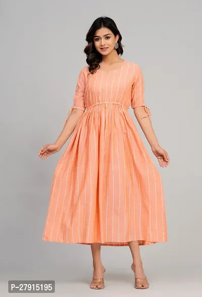 Women South Cotton Peach Color Striped Sweatheart Neack Short Sleeve Calf Length Dress-thumb0