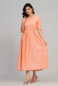 Women South Cotton Peach Color Striped Sweatheart Neack Short Sleeve Calf Length Dress-thumb1