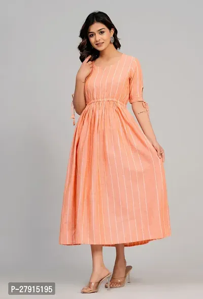 Women South Cotton Peach Color Striped Sweatheart Neack Short Sleeve Calf Length Dress-thumb2