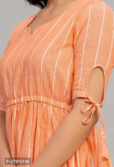 Women South Cotton Peach Color Striped Sweatheart Neack Short Sleeve Calf Length Dress-thumb3
