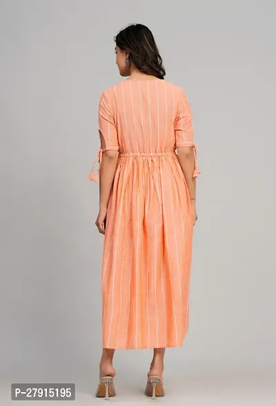 Women South Cotton Peach Color Striped Sweatheart Neack Short Sleeve Calf Length Dress-thumb5