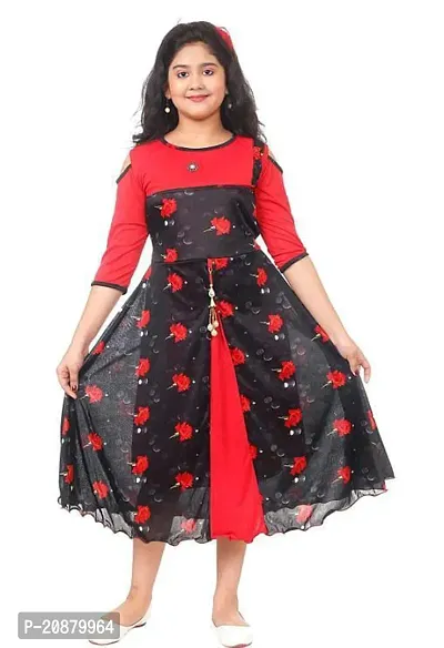 Fabulous Red Polyester Printed Party Wear Frocks For Girls-thumb0