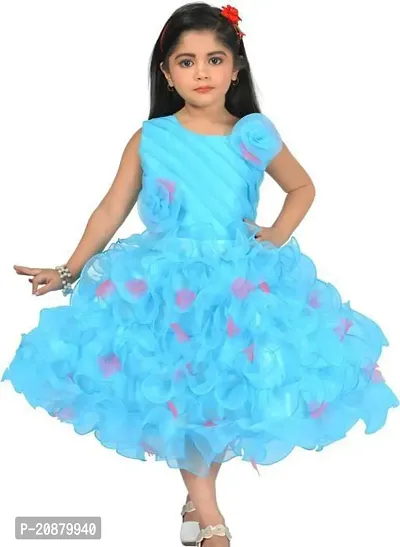 Fabulous Turquoise Polyester Printed Party Wear Frocks For Girls