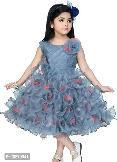 Fabulous Blue Polyester Printed Party Wear Frocks For Girls