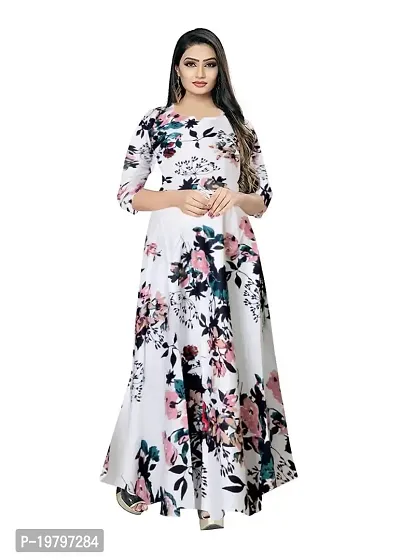 Kanika's WhitePink Women Printed Gown Kurta Rayon Printed Maxi Long Gown Dress. (Large)