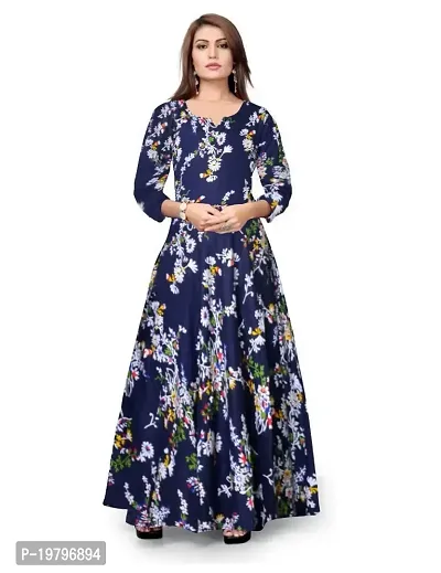 Kanika's Women Printed Gown Kurta Rayon Printed Maxi Long Gown Blue Multicolor Dress (Large)
