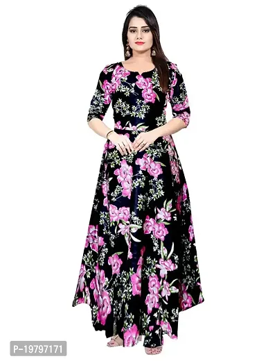 Kanika's Women Printed Gown Kurta Rayon Printed Maxi Long Gown Black Anarkli Dress (Medium)-thumb0