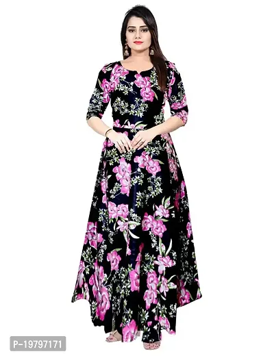 Kanika's Women Printed Gown Kurta Rayon Printed Maxi Long Gown Black Anarkli Dress (Medium)