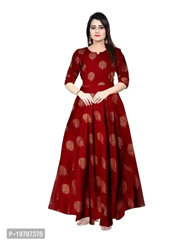 Kanika's Women Printed Gown Kurta Rayon Printed Maxi Long Gown Maroon Dress. (XX-Large)-thumb0