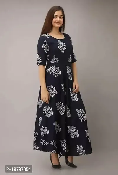 Kanika's Women's Solid Placement Printed Full Long Gown Dress Kurti for Casual and Work wear for Women and Girls (Navy Blue) (XX-Large)-thumb2