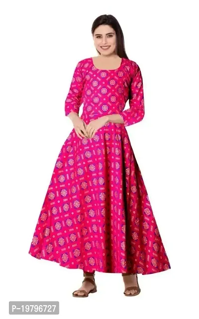 Krishna Women Printed Gown Kurta Rayon Printed Maxi Long Gown Red Dress (XX-Large)