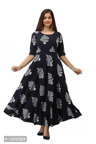 Kanika's Women's Solid Placement Printed Full Long Gown Dress Kurti for Casual and Work wear for Women and Girls (Navy Blue) (XX-Large)