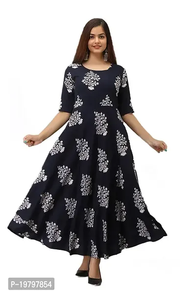 Kanika's Women's Solid Placement Printed Full Long Gown Dress Kurti for Casual and Work wear for Women and Girls (Navy Blue) (XX-Large)-thumb0